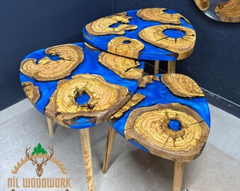 Custom Olive Wood Resin Coffee Table Set: Live Edge Epoxy Nesting Tables, End Table