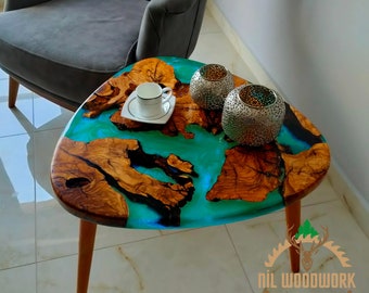 Personalisierter Epoxidharz Couchtisch aus Olivenholz, Einzigartiger Couchtisch aus Holzharz, Moderner Eleganz Sofatisch, Rustikaler Couchtisch