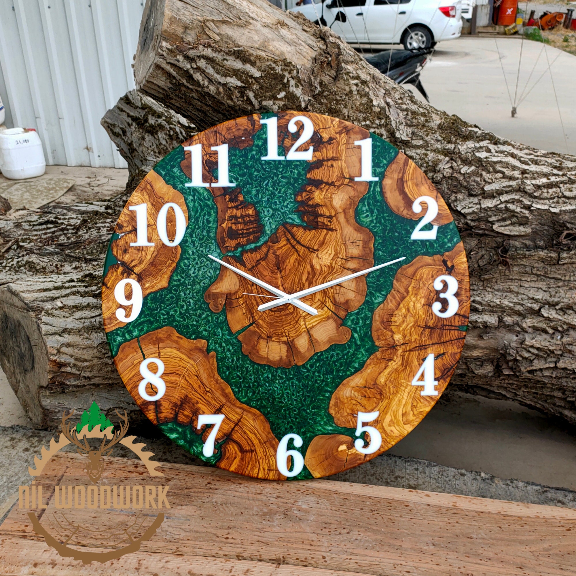 Personalized Large Wall Clock Made of Olive Wood, Unique Resin Wooden