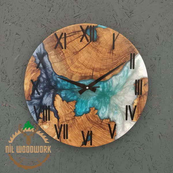 Personalized Design Olive Wood Resin Wall Clock, Epoxy Wall Clock in Modern Elegance, Uniquely Beautiful Olive Epoxy Wall Clock, Resin Art