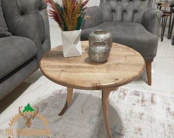 Live Edge Walnut Coffee Table: Round Solid Wood, Modern Design (21.65''x15.74'')