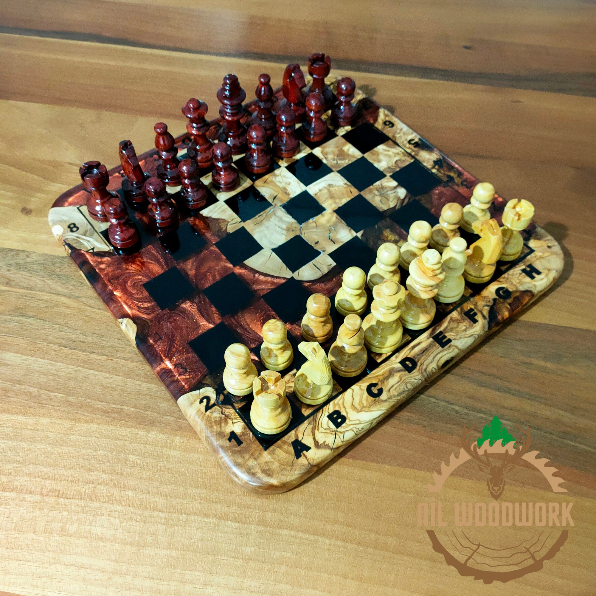 Olive Wood Epoxy Double-side Resin Chess Board Game Set 