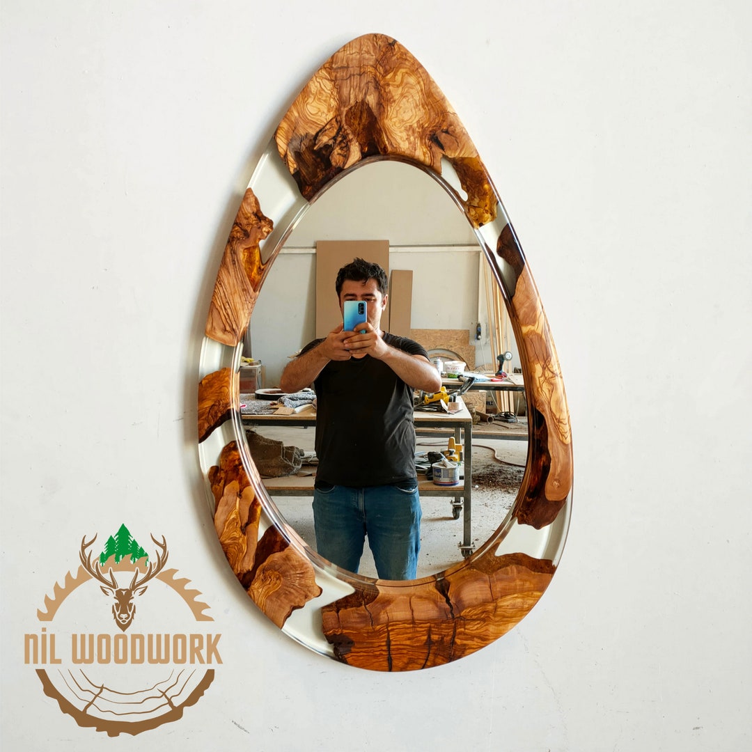 Asymmetrical Epoxy Wood Mirror Oiled From Olive Wood, Large Wall Mirror