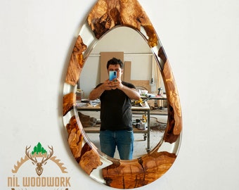Asymmetrical Olive Wood Epoxy Mirror: Large Modern Wall Decor