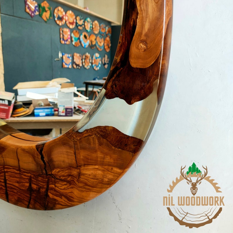Asymmetrical Epoxy Wood Mirror Oiled From Olive Wood, Large Wall Mirror