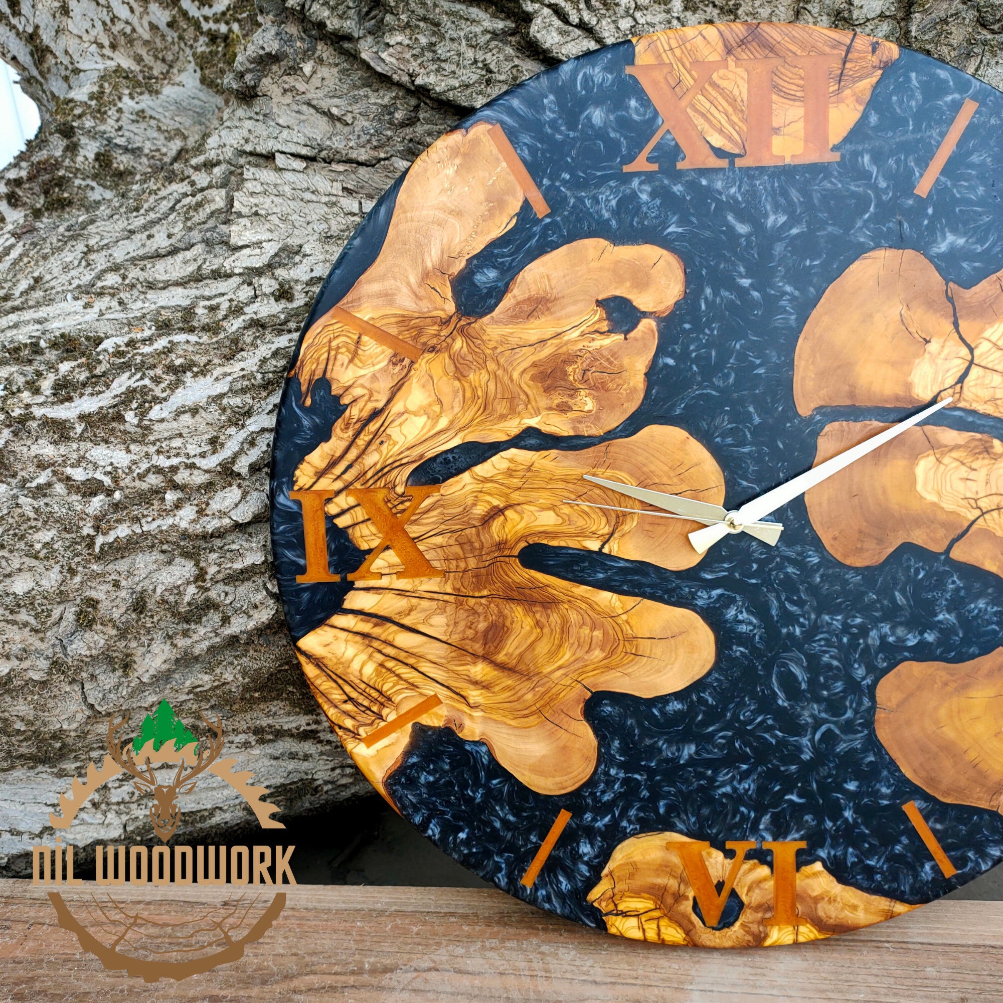 Personalized Large Wall Clock Made of Olive Wood, Unique Resin Wooden