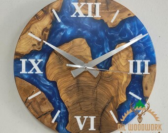 Personalized Olive Wood Wall Clock: Modern Epoxy Resin Art, Rustic Wooden Decor