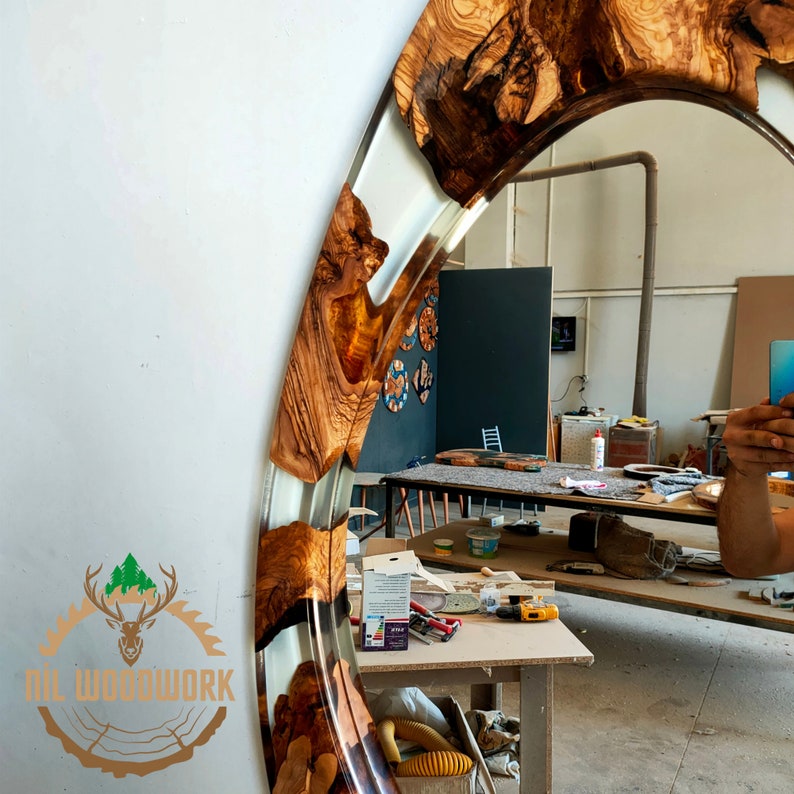 Asymmetrical Epoxy Wood Mirror Oiled From Olive Wood, Large Wall Mirror