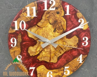 Personalized Olive Wood Wall Clock: Large Resin Epoxy Clock, Modern Decor