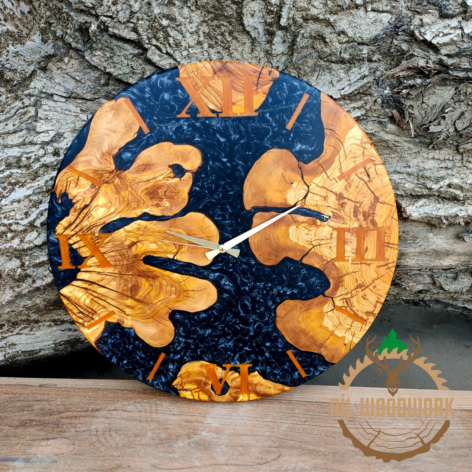 Personalized Large Wall Clock Made of Olive Wood, Unique Resin Wooden