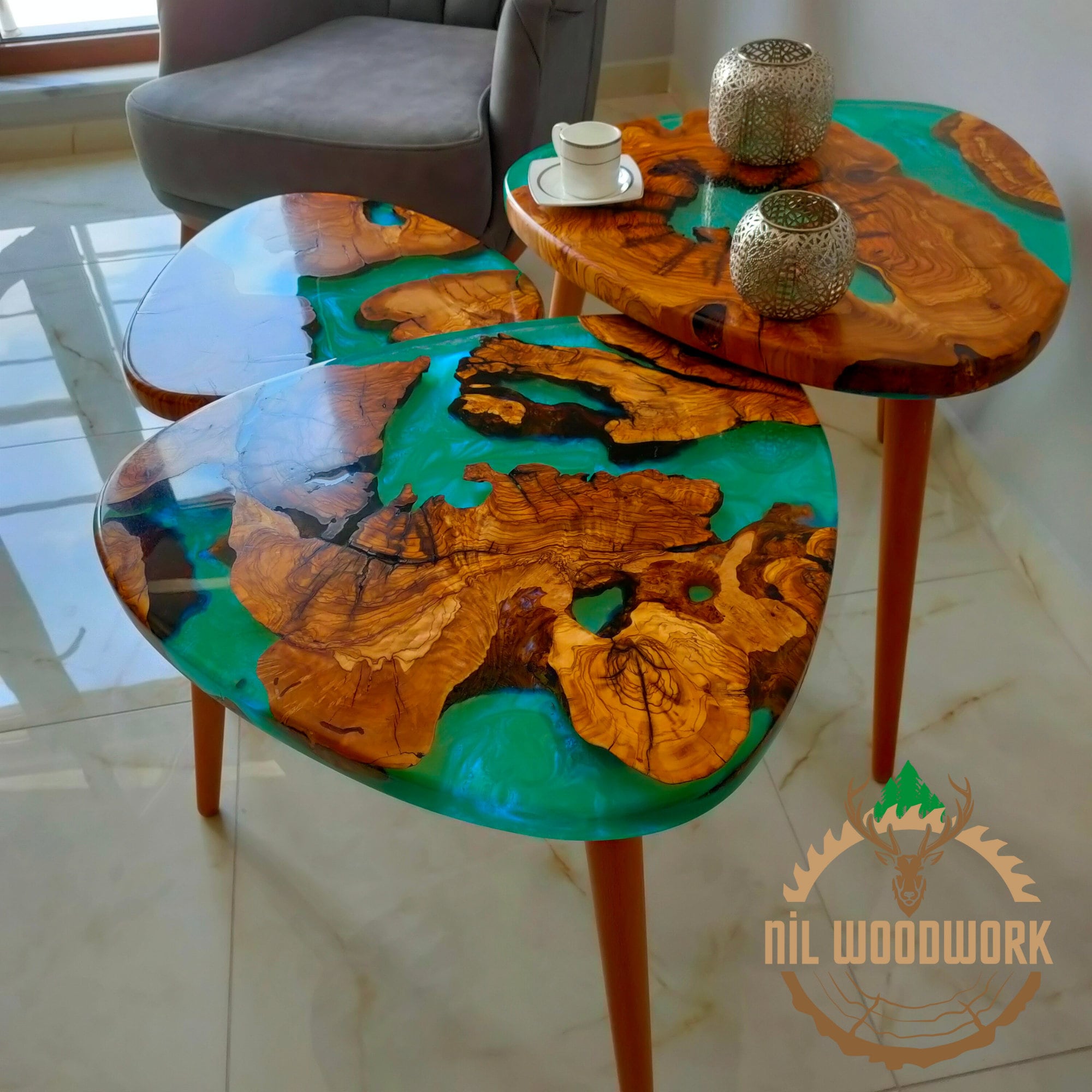 Personally Designed Resin Coffee Table Set Made of Olive Wood, Unique
