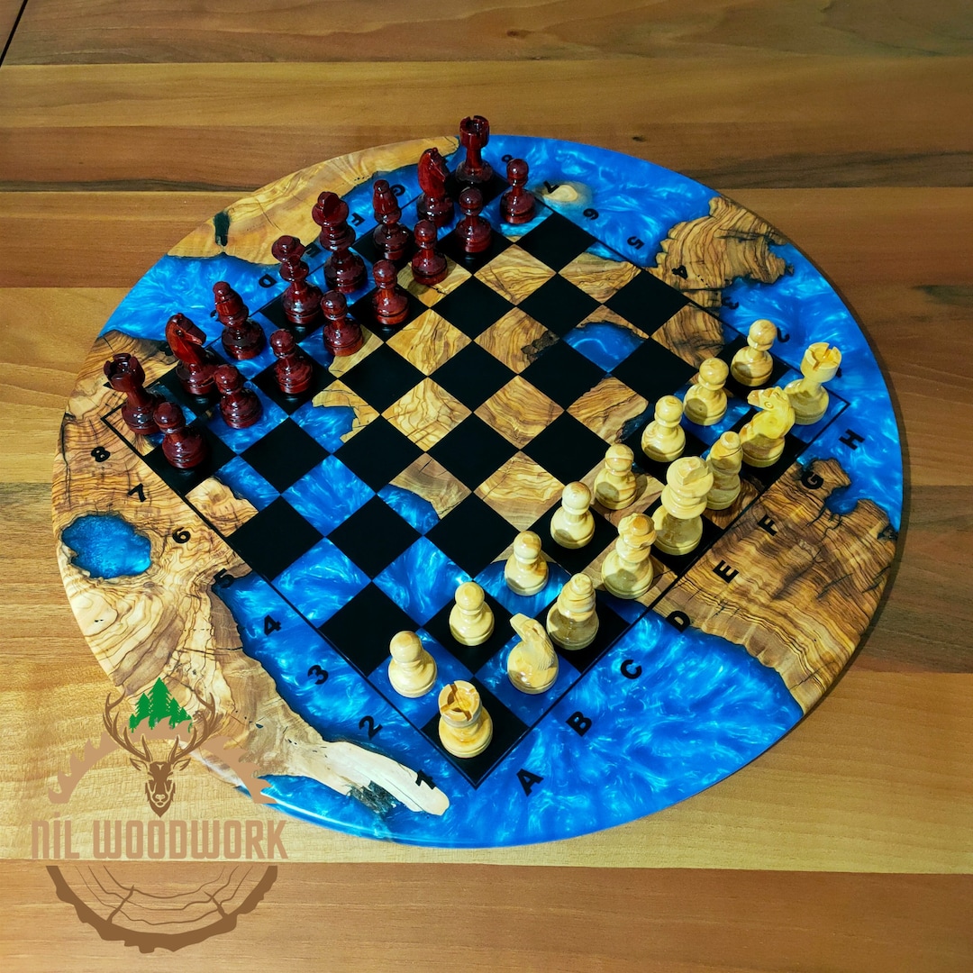 Olive Wood and Epoxy Chess Board, 20'' Round Resin Chess Set, Handmade