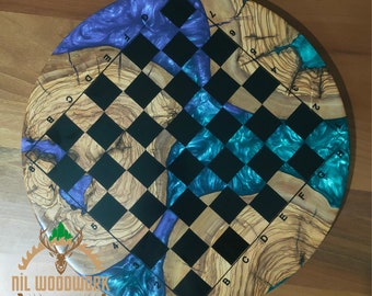Personalized Olive Wood Resin Chess Set: Handmade Modern Board, Chess Pieces