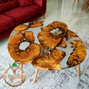 Personalized Resin Coffee Table Made of Olive Wood, Modern Epoxy Coffee Table in Extraordinary Form, Uniquely Beautiful Wooden Coffee Table