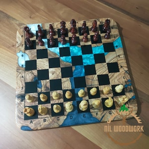 Personalized Resin Chess Set Made of Olive Wood, Modern Stylish Professional Chess Set, Handmade Wooden Chess Board and Pieces, Unique Chess