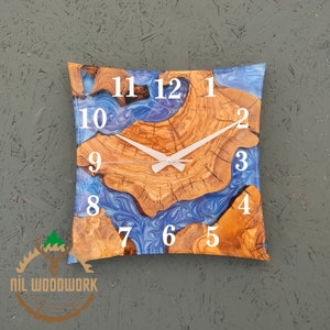 Personalized 3D Resin Wall Clock Made of Olive Wood, Special Design Extraordinary Square Oval Cut Epoxy Wall Clock, Modern Wall Clock