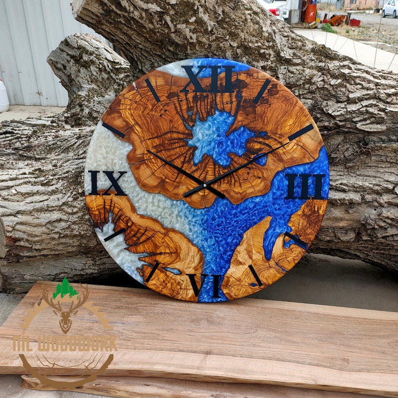 Personalized Large Wall Clock Made of Olive Wood, Unique Resin Wooden