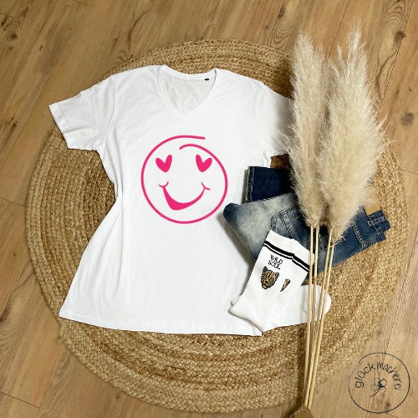 SMILEY LOVE Pink Shirt mit V-ausschnitt - Biobaumwolle Unisex
