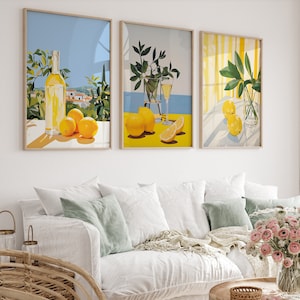 Lot de 3 gravures, vue d'Amalfi avec des citrons triptyque | Ferme rustique | Décoration de chambre esthétique | Art mural Italie | Téléchargement numérique IMPRIMABLE