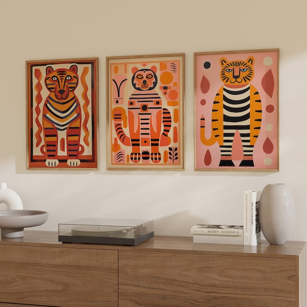 set of 3 Tiger Prints Feline Green Wall Art Tiger Illustration Printable Wall Art Big Cat Print Boho Home Decor Minimal Art Jungle Poster