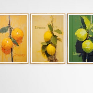 Kitchen Printable Wall Art, Fruit Poster Set of 3, Fruit Market Poster, Fruit Prints, Lemons, Oranges, lime Wall Art, Kitchen prints