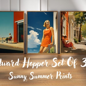 Edward Hopper Conjunto de 3 pinturas, arte de parede de Edward Hopper, decoração de verão, arte de parede de verão, impressões digitais, pôster feliz de Edward Hopper, DIN A