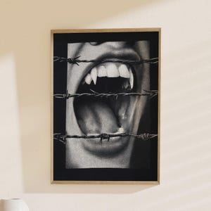 Vampire Fangs Art, Gothic Expression: Barbed Wire Print, Vampire Poster, Horror Decor, Unique Gothic Wall Art for Dark Aesthetic