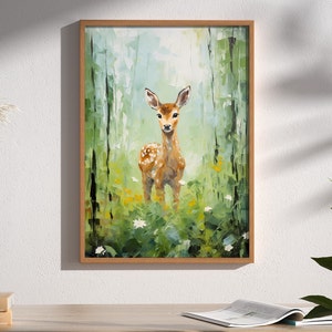 Deer in Forest Painting, Nature Wildlife Art, Woodland Wall Decor, Cabin Art, Nature Wall Art, Deer Print, kids bedroom decor, nursery print
