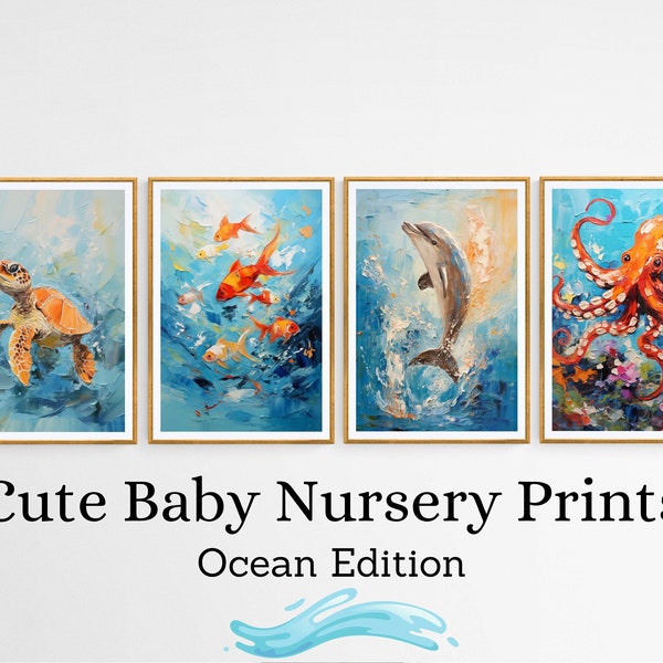 Oceaandieren babyprints - Oceaandierenprints - Schattige dierenprints - Dolfijnposter, visschildering, schildpadprint, Zeedieren, Babykamer