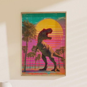 T-Rex Miami Vice Poster: Retro Dino Print, Neon Jurassic Decor, Dinosaur Wall Art, Vibrant 80s Style, Perfect for Retro Lovers