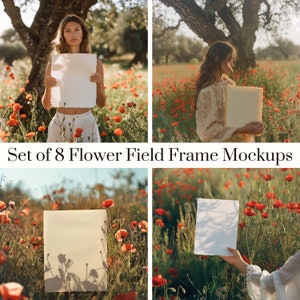 Set von 8 Blumenfeld Mockups, Mohnblumenfeld Rahmen Mockup, PSD bearbeitbare Datei, 3x4 Fotorahmen Mockup, Sommer Natur Blumenfeld Mockup