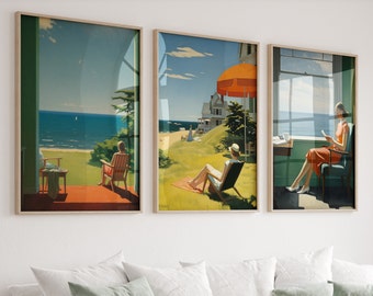 Edward Hopper Set of 3 paintings, Edward Hopper Wall Art, summer decor, summer wall art, digital prints, edward hopper happy poster, DIN A