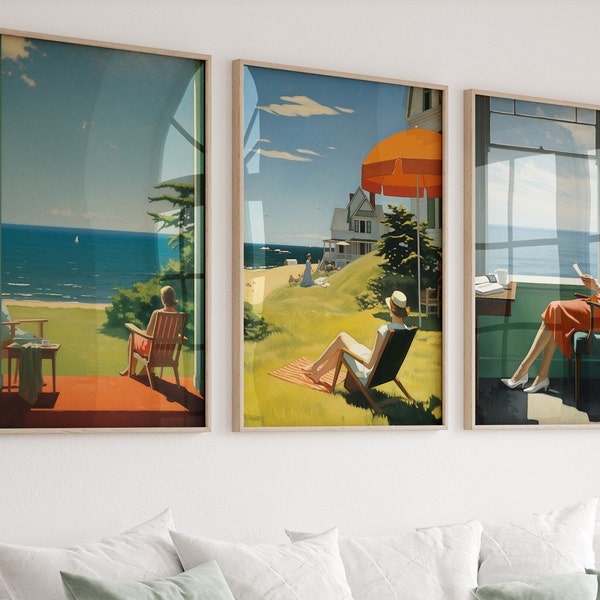 Edward Hopper Set of 3 paintings, Edward Hopper Wall Art, summer decor, summer wall art, digital prints, edward hopper happy poster, DIN A