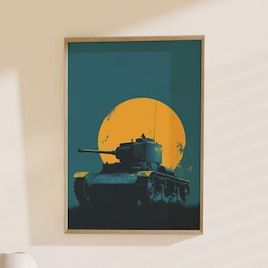 Military Tank Art, Sunset Silhouette: Dramatic War Poster, Vintage Style Print, History Decor, Perfect Gift for Military Enthusiasts