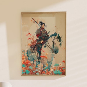 Vibrant Samurai Art: Warrior Painting, Japanese Style Poster, Fantasy Decor, Asian Wall Art, Perfect Gift for History Buffs, Modern Art