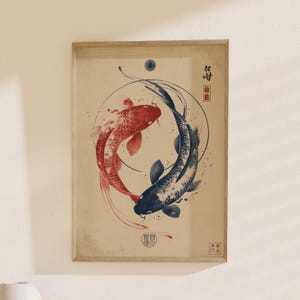 Yin and Yang Koi Fish Art, Spiritual Koi Painting, Zen Decor, Asian Wall Print