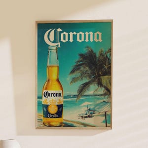 Corona Beer Vintage Tropical Beach Poster - Retro Bar Art Print, Classic Beverage Wall Decor, Summer Vacation Graphic Design