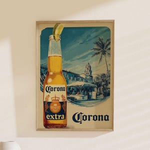 Corona Extra Beer Vintage Travel Poster: Tropical Beach Scene, Classic Mexican Beverage Art Print for Bar & Home Decor