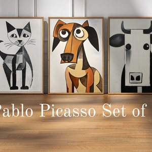 Picasso Conjunto de 3 grabados, Descarga imprimible de Picasso, Impresión de arte abstracto, Cartel de Picasso, Tono neutro, Conjunto de animales, Vaca, Perro, Pintura de gatos