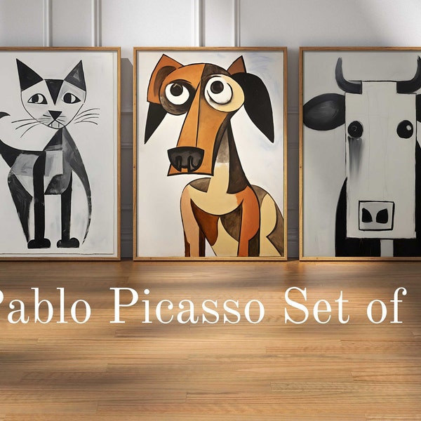 Picasso Set of 3 Prints, Picasso Printable Download, Abstract Art Print, Picasso Poster, Neutral Tone, Animal set, Cow, Dog, Cat Painting