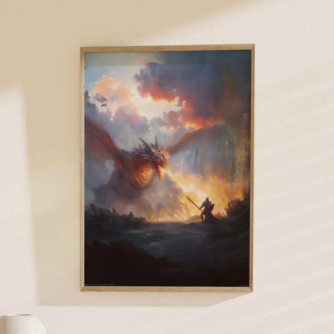 Epic Dragon Vs Knight Battle Print | Fantasy Wall Art Medieval Fantasy ...