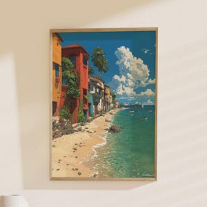 Coastal Village Print, Seaside Art: Tropical Beach Poster, Colorful Houses Painting, Ocean View Wall Art, Perfect Vacation Decor