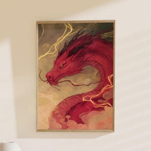 Majestic Dragon Art, Thunderous Beast: Mythical Creature Print, Fantasy Poster, Lightning Decor, Perfect for Fantasy Art Lovers