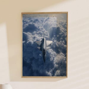 Aviation Art, Jet Over Clouds: Modern Aircraft Print, Military Poster, Sky Decor, Ideal for Aviation Enthusiasts, Office Wall Art