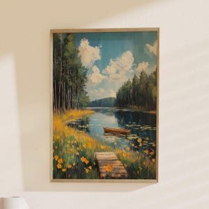 Serene Lake Landscape Art, Peaceful Boat Scene: Nature Print, Impressionist Painting, Wall Decor, Perfect Gift for Nature Lovers