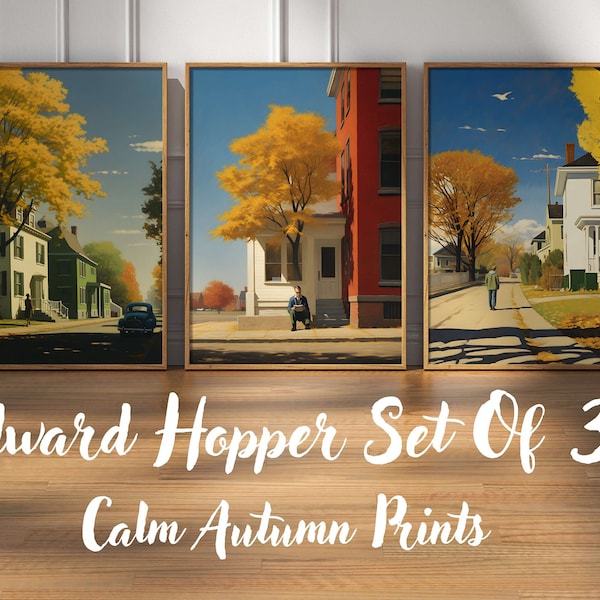 Edward Hopper Set of 3 paintings, Edward Hopper Wall Art Decor, Fall Home Decor, Autumn wall art, Instant Download, Autumn Poster, print