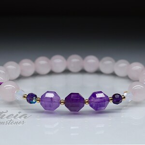 amethyst and rose quartz bracelet with shiny crystals and small 14 carat gold spacers