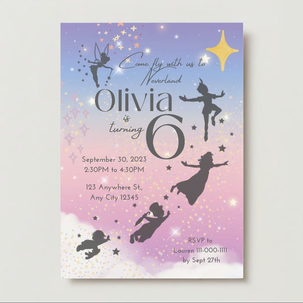 Personalized Neverland Tinkerbell Peter Pan Birthday Invitation Peter Pan Themed Party Invite Neverland Peter Pan Tink Party Birthday Invite