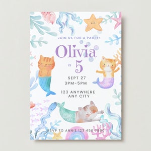 Mermaid Birthday Invitation, Mercat Cat Mermaid Party Invite, Printable Girl Birthday, Custom & Personalized Download