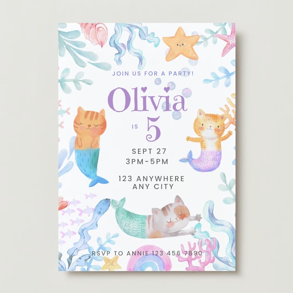 Custom Mermaid Birthday Invitation Cat Mermaid Theme Girl Invite Download Printable Mercat Birthday Personalized